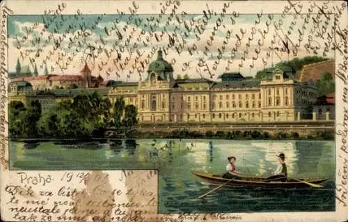 Ak Praha Prag Tschechien, Ansicht des Stadtgebäudes, Fluss, Ruderboot, Menschen