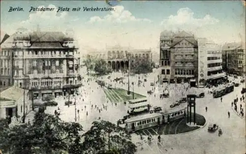 Ak Berlin Tiergarten, Potsdamer Platz, Verkehrsturm, Straßenbahnen