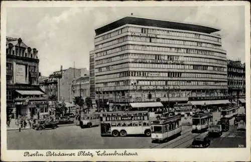 Ak Berlin Tiergarten, Potsdamer Platz, Columbushaus, Busse, Straßenbahn