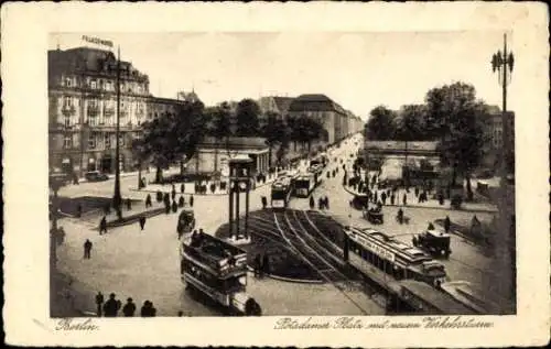 Ak Berlin Tiergarten, Potsdamer Platz, neuer Verkehrsturm, Straßenbahnen, Bus
