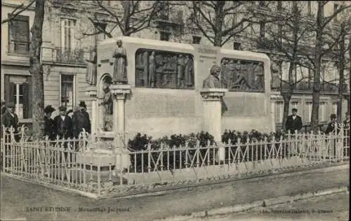 Ak Saint Étienne Loire, Monument Jacquard, Figurenrelief, Parkanlage, Stadtansicht