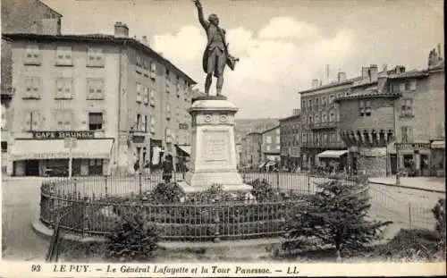 Ak Le Puy en Velay Haute Loire, Statue des Général Lafayette, Tour Panessac, Café Brunel, Stad...