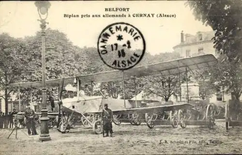 CPA Cernay Sennheim Alsace Haut Rhin, Belfort, Biplan pris aux allemands