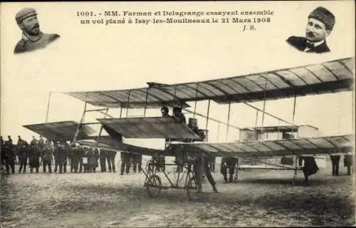 CPA MM. Farman et Delagrange essayent ensemble un vol plané à Issy-les-Moulineaux le 21 Mars 1908