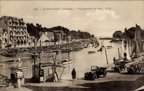 Ak Le Pouliguen Loire Atlantique, Portansicht, Schiffe, Hafen, alte Autos, Spaziergänger