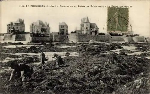 Ak Le Pouliguen Loire Atlantique, Felsformationen, Herrenhäuser, Strand, Muschelsammeln, Küstenla
