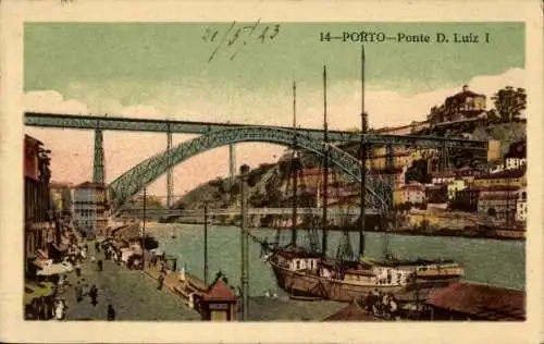 Ak Porto Portugal , Ponte D. Luiz I, Brücke, Hafen, Schiffe, farbige 