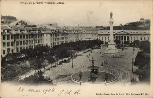 Ak Lisboa Lissabon Portugal, Praça de D. Pedro IV, Brunnen, Häuser, Statue