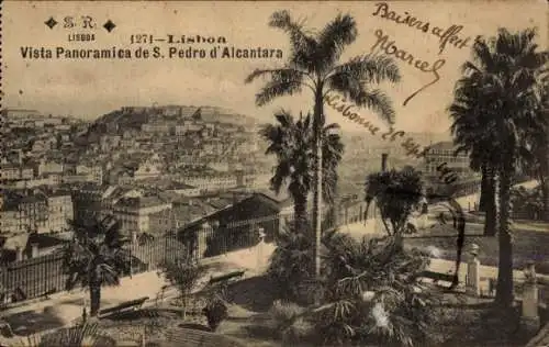 Ak Lisboa Lissabon Portugal, Panoramablick auf S. Pedro d'Alcantara, Palmen, Stadtansicht