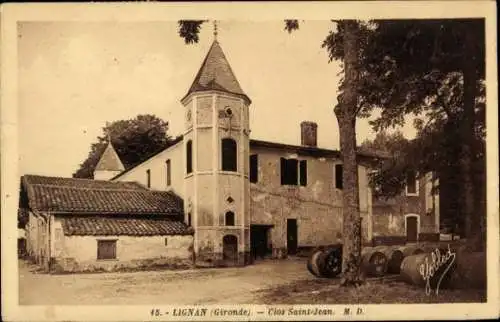 Ak Lignan Gironde, Gebäude mit Turm, Weinlager, Alltagslandschaft