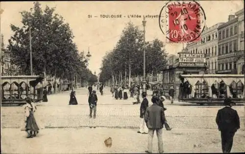 Ak Toulouse Haute Garonne, L'Allée Lafayette, Werbeschilder, Passanten