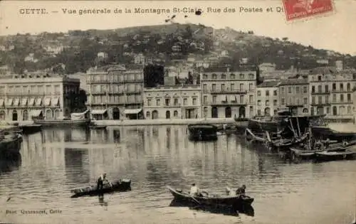 Ak Sète Cette Hérault, Blick auf die Montagne St-Clair, Rue des Postes, Boote am Wasser