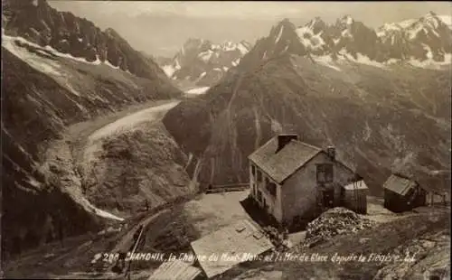 Ak Chamonix Mont Blanc Haute Savoie, Berglandschaft, Mont Blanc, Mer de Glace, Flegère, Gebäude