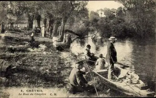 Ak Créteil Val de Marne, Flusslandschaft, Angler, Boote, Ufervegetation, Menschen auf dem Weg