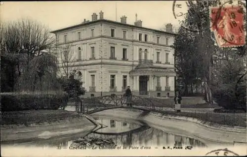 Ak Créteil Val de Marne, Historisches Gebäude, Brücke, Garten, Wasserfläche