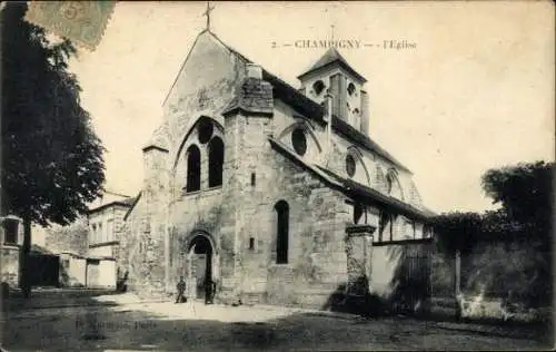 Ak Champigny sur Marne Val de Marne, Steinige Kirche, Hausansicht, Menschen am Straßenrand