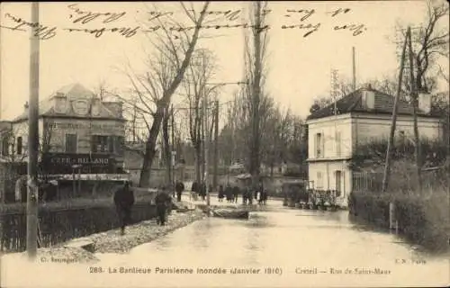 Ak Créteil Val de Marne, Flut von Januar 1910, Restaurant Prab, Café Billard, Rue de Saint-Maur