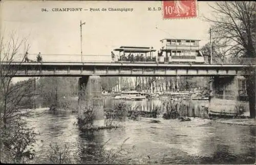 Ak Champigny sur Marne Val de Marne, Brücke, Straßenbahn, Fluss, Bäume, alte , schwarz-weiß