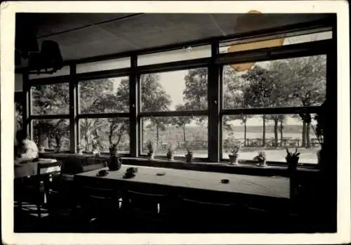 Ak Buckow in der Märkischen Schweiz, Blick auf Wald und Wasser, Fenster mit Pflanzen, Tisch in In