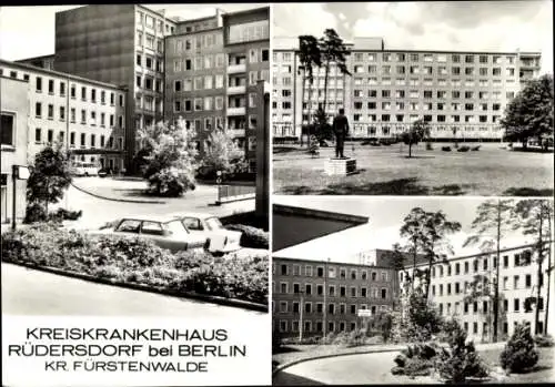 Ak Rüdersdorf bei Berlin, Kreiskrankenhaus Rüdersdorf,  Gebäude, Grünflächen, Statue