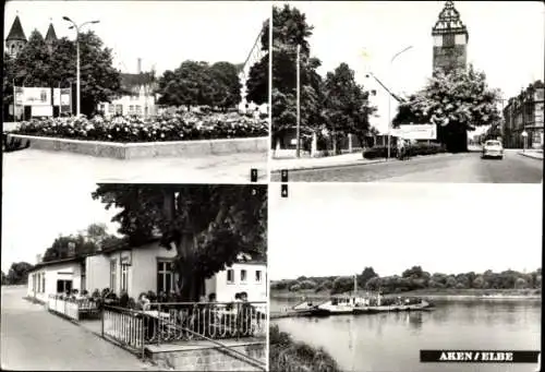Ak Aken a.d. Elbe, Friedensplatz, Köthener Turm, Gaststätte Fährhaus, Fähre