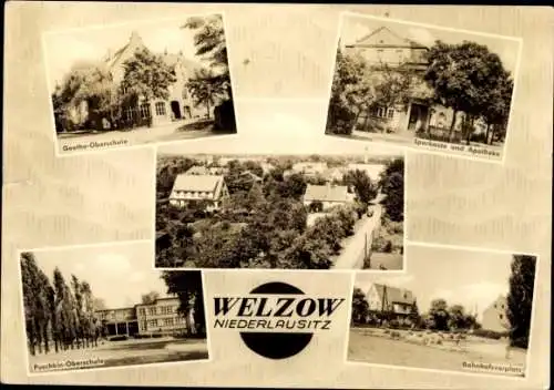 Ak Welzow Niederlausitz, Goethe-Oberschule, Puschkin-Oberschule, Sparkasse, Bahnhof, Niederschles