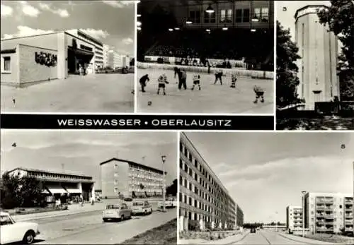 Ak Weißwasser Oberlausitz, Wohnkomplex, HO Kaufhalle Minute, Wasserturm, Eisstadion Wilhelm Pieck