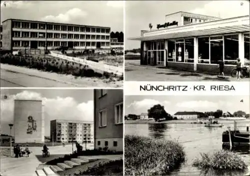 Ak Nünchritz in Sachsen, Polytechnische Oberschule, Konsum-Kaufhalle, Karl-Liebknecht-Ring, Elbfa