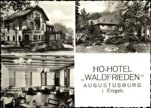 Ak Augustusburg im Erzgebirge, Hotel Waldfrieden, Gebäudefront, Garten, Innenraum, Schwarz-Weiß-F