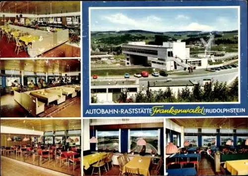 Ak Rudolphstein Berg in Oberfranken, Autobahn-Raststätte Frankenwald, Innenansichten, große Fenst
