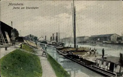Ak Mannheim in Baden, Farbe, Rhein, Hafen, Boote, Industrie, Personen