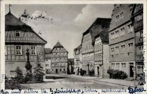Ak Münnerstadt in Unterfranken Bayern, Marktplatz,  Gebäude, Statue