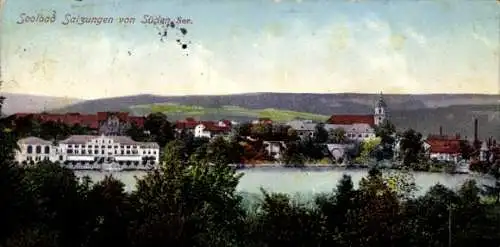 Ak Bad Salzungen im Wartburgkreis, Blick auf den Ort von Süden mit See