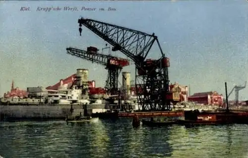 Ak Kiel, Krupp'sche Werft, Panzer im Bau, Hafenansicht,  Architektur
