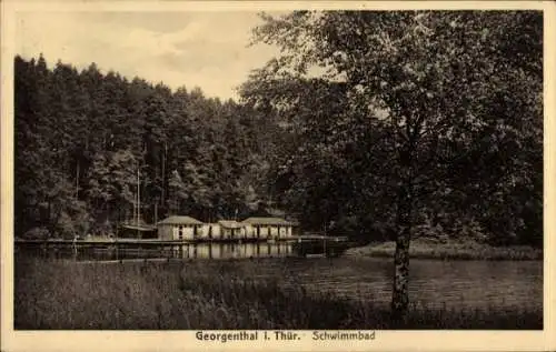 Ak Georgenthal in Thüringen, Schwimmbad, Wald, Gebäude am Wasser, Baum, ruhige Natur