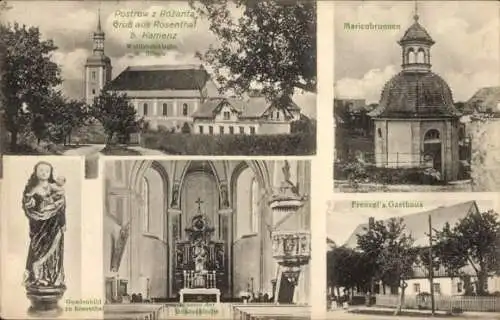 Ak Ralbitz Rosenthal Oberlausitz, Wallfahrtskirche, Marienbrunnen, Frenzels Gasthaus, Gnadenbild