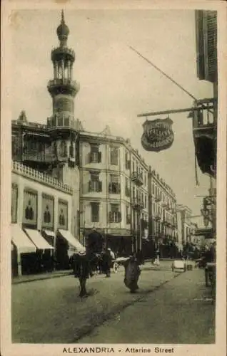 Ak Alexandria Ägypten, Attarine Street,  Architektur, Minarett, Straßenszene