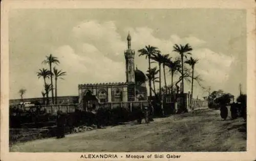 Ak Alexandria Ägypten, Moschee von Sidi Gaber, Palmen, Straße