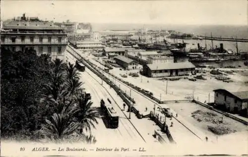 Ak Algier Alger Algerien, Panoramablick auf den Hafen, Boulevards, Schiffe, Eisenbahnlinie
