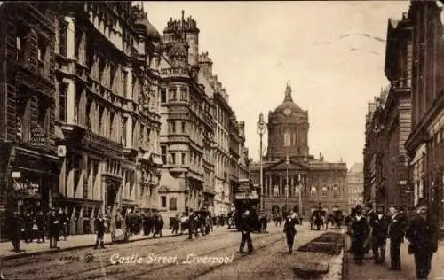 Ak Liverpool Merseyside England, Castle Street,  Architektur, Menschen auf der Straße, Straßenver