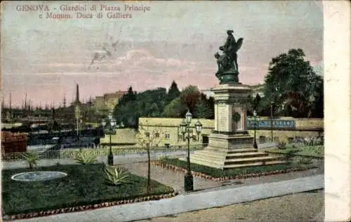 Ak Genova Genua Liguria, Statue Duca di Galliera, Giardini di Piazza Principe, Hafenansicht, Bäum
