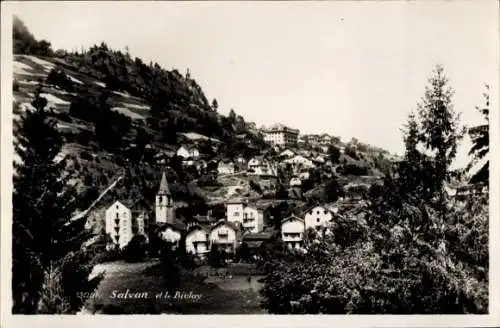 Ak Salvan Kanton Wallis Schweiz, Schwarze und weiße Ansicht, Berge, Häuser, Kirche, Landschaft