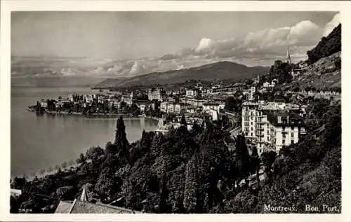 Ak Montreux Kanton Waadt Schweiz, Stadtansicht von  Port, See, Berge