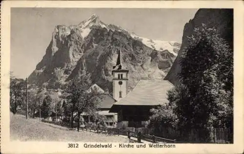 Ak Grindelwald Kanton Bern, Kirche, Wetterhorn, Berge, Natur