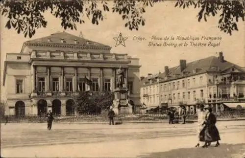 Ak Liège Lüttich Wallonien, Platz der Französischen Republik, Statue Grétry, Théâtre Royal