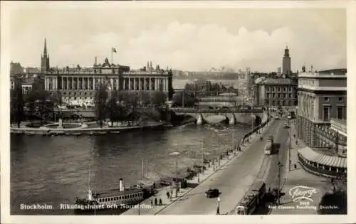 Ak Stockholm Schweden, Riksdagshuset, Norrström, Fluss, Stadtansicht, Fotografie