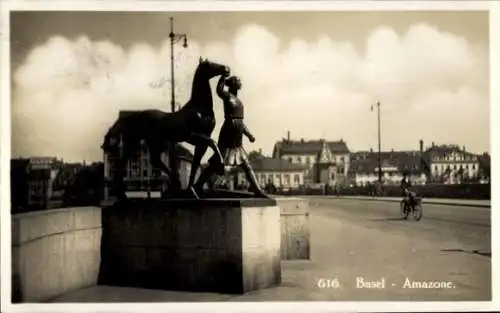 Ak Basel Bâle Stadt Schweiz, Amazone Statue, Reiterin, Pferd, Stadtansicht, Brücke