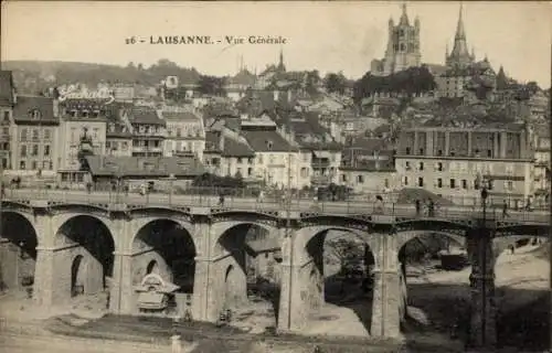 Ak Lausanne Kanton Waadt, Historische Stadtansicht, Brücke, Gebäude, Kathedrale, Alpen