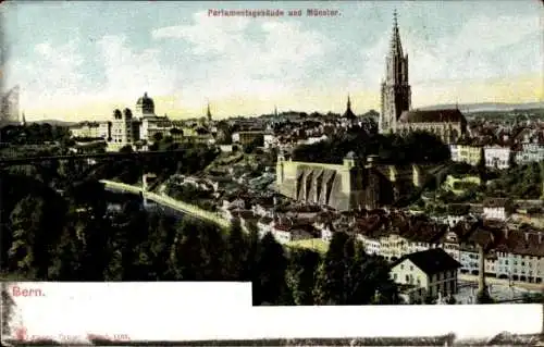 Ak Bern Stadt Kanton Bern, Berg Gurten, Parlamentsgebäude, Münster, Stadtblick, farbenfrohe Ansic