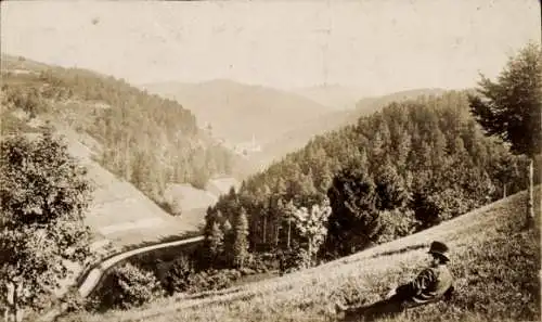 Ak Mann auf der Wiese, Landschaft, Hügel, Wald